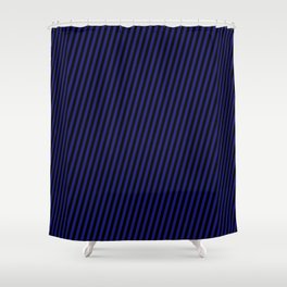 [ Thumbnail: Midnight Blue and Black Colored Pattern of Stripes Shower Curtain ]