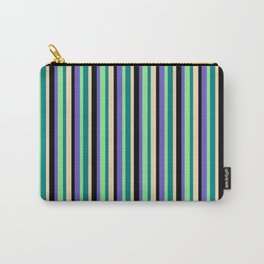 [ Thumbnail: Eye-catching Slate Blue, Black, Tan, Teal & Light Green Colored Stripes/Lines Pattern Carry-All Pouch ]