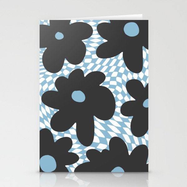  Retro Flowers on Warped Checkerboard \\ DARK GREY AND PASTEL BLUE COLOR PALETTE Stationery Cards