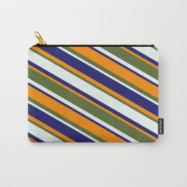 [ Thumbnail: Midnight Blue, Dark Orange, Dark Olive Green, and Mint Cream Colored Pattern of Stripes Carry-All Pouch ]