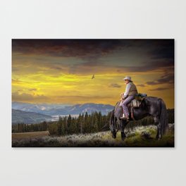 Lone Cowboy Rest Amidst Mountain Sunset Majesty Canvas Print
