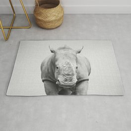 Rhino 2 - Black & White Rug | Man, Wildlife, Safari, Modern, Kids, Wild, Animal, Portrait, Collage, Minimalist 