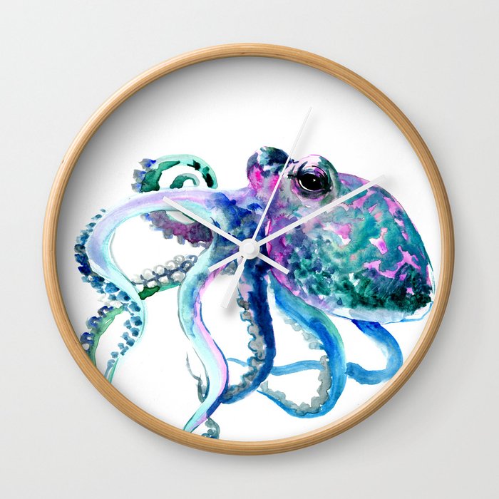 Octopus, Turquoise Green Purple Pink Octopus Design Wall Clock