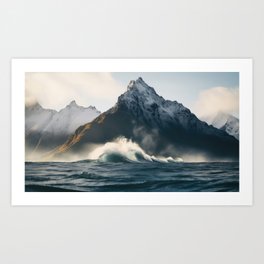 Crashing waves on the mountain coast at sunset Art Print