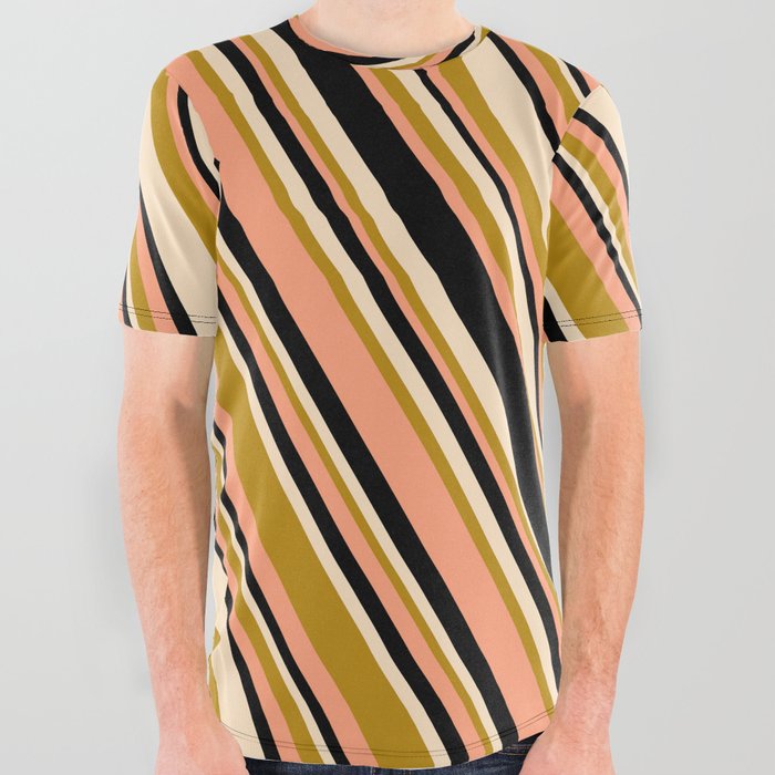 Bisque, Dark Goldenrod, Light Salmon & Black Colored Stripes/Lines Pattern All Over Graphic Tee