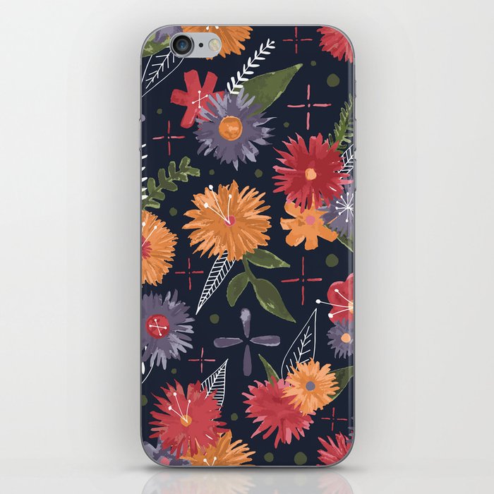 bright floral pattern on navy iPhone Skin