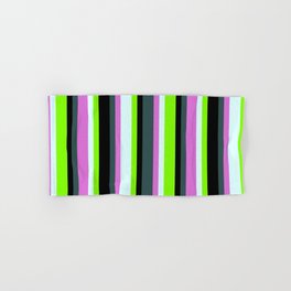 [ Thumbnail: Dark Slate Gray, Orchid, Light Cyan, Chartreuse & Black Colored Lines/Stripes Pattern Hand & Bath Towel ]