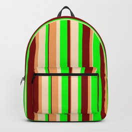 [ Thumbnail: Brown, Bisque, Lime & Maroon Colored Pattern of Stripes Backpack ]
