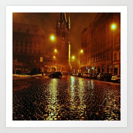 Night streets of the old city. Art Print | Digital, Glitters, Stones, Mystery, Oldtown, Pavement, Mysteriousstreets, Night, Square, Tower 