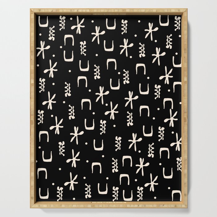 Organic Hieroglyph Abstract Pattern in Black and Almond Cream Serving Tray