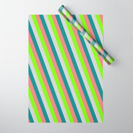 [ Thumbnail: Green, Light Gray, Dark Cyan & Light Coral Colored Lines Pattern Wrapping Paper ]