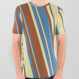 [ Thumbnail: Blue, Pale Goldenrod, and Sienna Colored Stripes/Lines Pattern All Over Graphic Tee ]