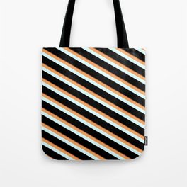 [ Thumbnail: Sienna, Brown, Light Cyan, and Black Colored Striped/Lined Pattern Tote Bag ]
