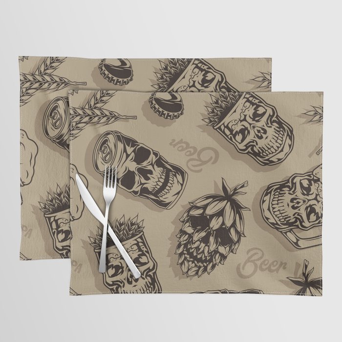 Beer vintage monochrome seamless pattern with mugs cups aluminum cans hop cones in skull shapes vintage illustration Placemat