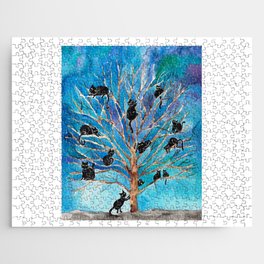 Black cats on tree Painting Wall Poster Watercolor Jigsaw Puzzle