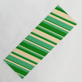 [ Thumbnail: Sea Green, Green & Beige Colored Striped/Lined Pattern Yoga Mat ]
