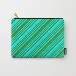 [ Thumbnail: Cyan and Forest Green Colored Lined/Striped Pattern Carry-All Pouch ]