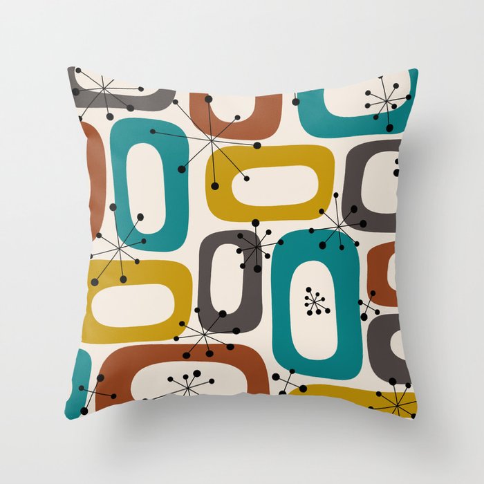 Mid century modern abstract shapes with atomic stars 3 Throw Pillow