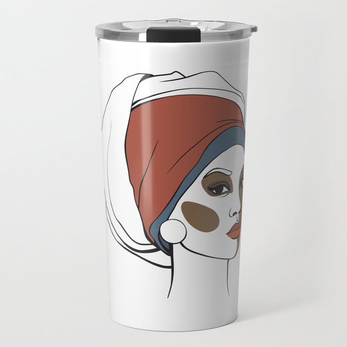 African American woman in headscarf with makeup. Abstract face. Fashion illustration Travel Mug