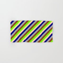 [ Thumbnail: Eyecatching Green, Tan, Blue, Dark Grey, and Brown Colored Lined/Striped Pattern Hand & Bath Towel ]