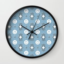 Retro happy smiley blooms pattern  # summer pale blue Wall Clock