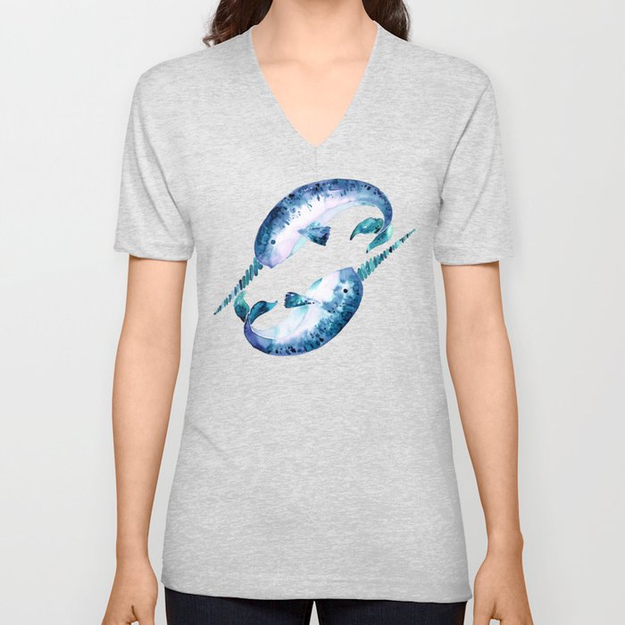 Blue Narwhals V Neck T Shirt