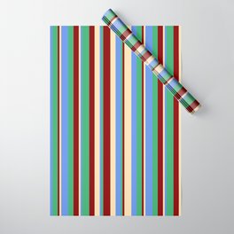 [ Thumbnail: Beige, Cornflower Blue, Sea Green, and Dark Red Colored Lines/Stripes Pattern Wrapping Paper ]