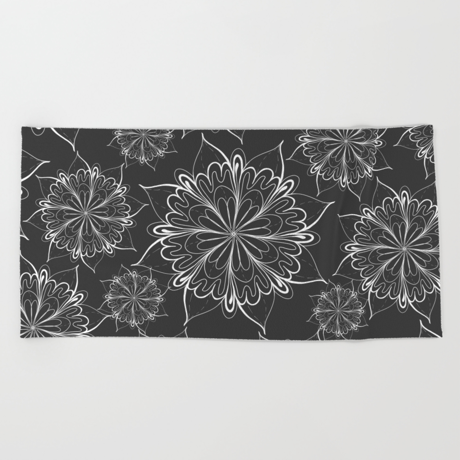 Hand Painted Black White Mandala Floral Pattern Beach Towel By