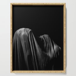 Female figurative portrait under veil black and white photograph / photography Serving Tray