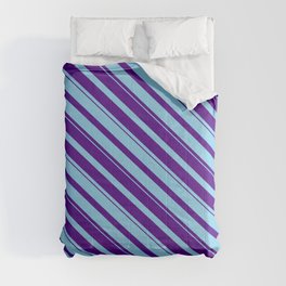 [ Thumbnail: Sky Blue & Indigo Colored Striped Pattern Comforter ]