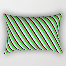 [ Thumbnail: Eye-catching Red, Lime, Light Sky Blue, Mint Cream & Black Colored Lined Pattern Rectangular Pillow ]