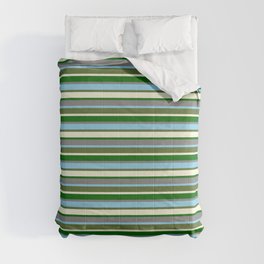 [ Thumbnail: Vibrant Grey, Sky Blue, Dark Olive Green, Beige, and Dark Green Colored Lined/Striped Pattern Comforter ]