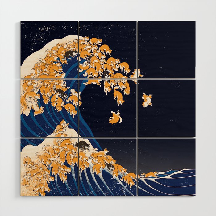 Shiba Inu The Great Wave in Night Wood Wall Art