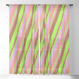 [ Thumbnail: Brown, Chartreuse, Plum & Salmon Colored Stripes Pattern Sheer Curtain ]