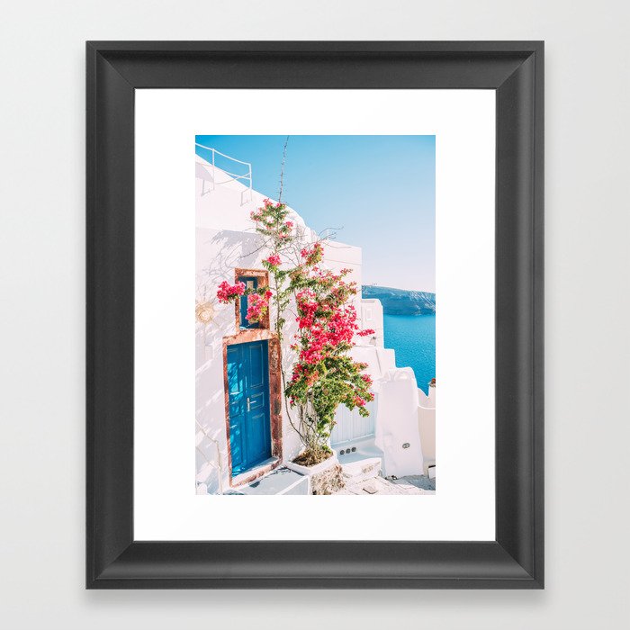 Blue Door in Santorini - Greece Travel Photography - Summer Island Framed Art Print