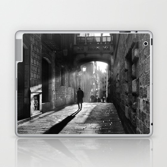 Rays of sun; European cobblestone cityscape black and white photograph / photography Laptop & iPad Skin