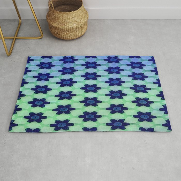 Modern Geometric Daisies On Ombre Blue Green Rug