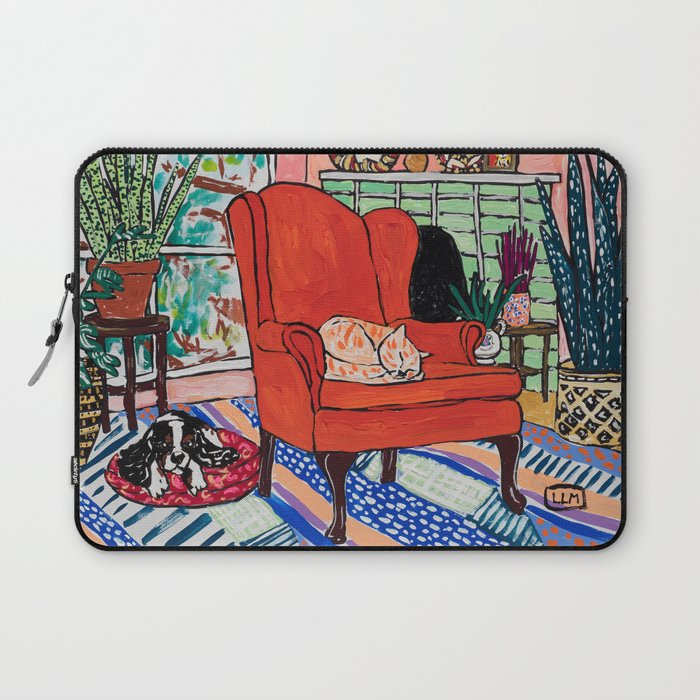 Red Armchair in Pink Interior with Houseplants, Ginger Cat, and Spaniel Interior Painting Laptop Sleeve