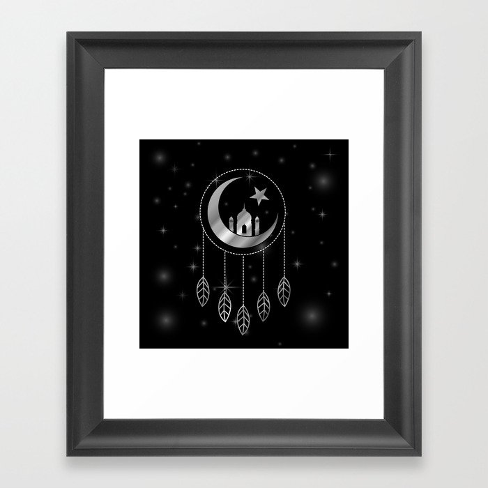 Islamic dream catcher with feathers silver moon and stars	 Framed Art Print