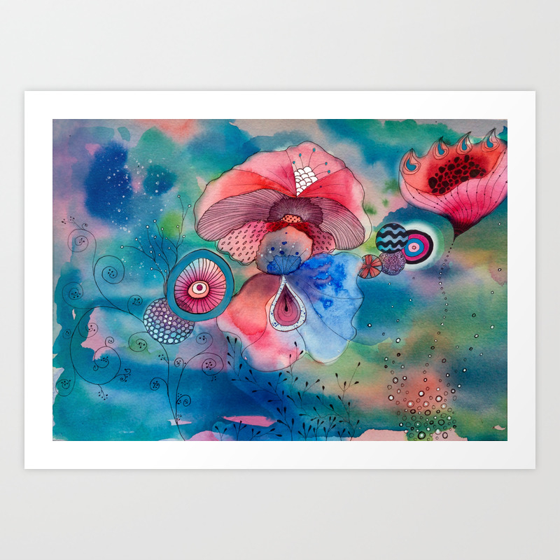 Watercolor Imaginary Flowers Doodle Zentangle Art Art Print By