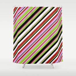 [ Thumbnail: Red, Plum, Green, Black & White Colored Lines Pattern Shower Curtain ]