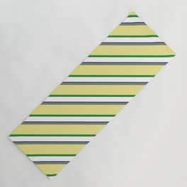 [ Thumbnail: Eye-catching Slate Gray, Tan, Forest Green, White, and Black Colored Lined Pattern Yoga Mat ]