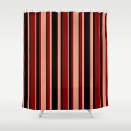 [ Thumbnail: Dark Salmon, Black & Maroon Colored Pattern of Stripes Shower Curtain ]