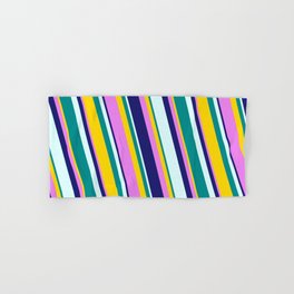 [ Thumbnail: Eye-catching Yellow, Violet, Midnight Blue, Light Cyan, and Dark Cyan Colored Stripes/Lines Pattern Hand & Bath Towel ]