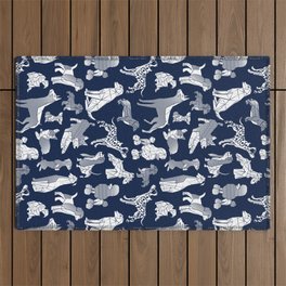 Geometric sweet wet noses // navy blue background white dogs Outdoor Rug