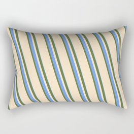 [ Thumbnail: Dark Olive Green, Bisque, and Cornflower Blue Colored Stripes Pattern Rectangular Pillow ]