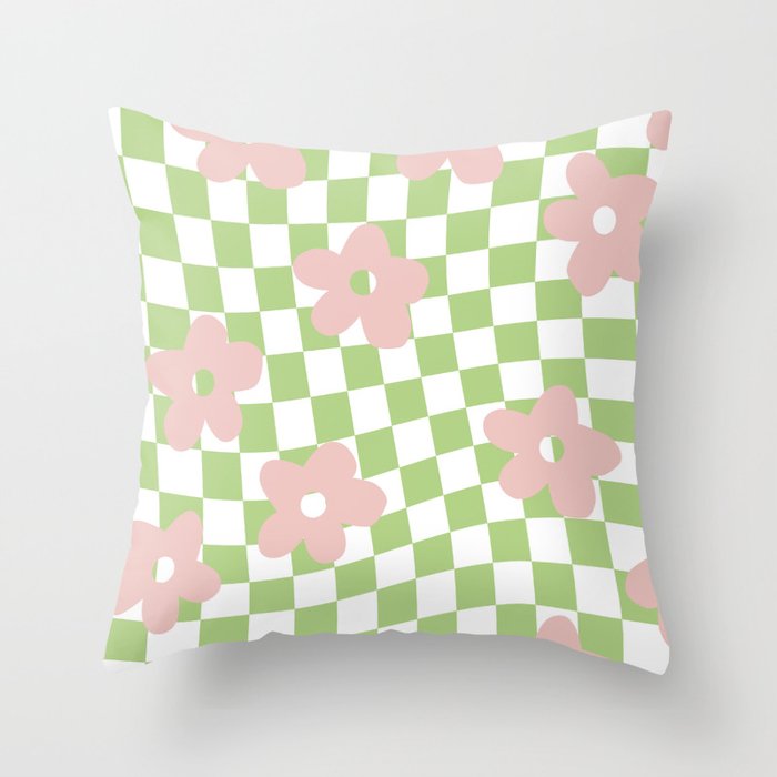 Retro Lime Green and Pastel Pink Checkerboard Flowers Throw Pillow