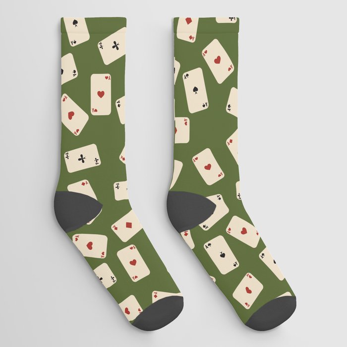 Vintage Playing Cards Pattern on Dark Olive Green Socks