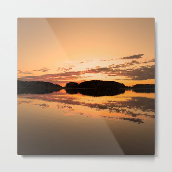 Beautiful sunset - glowing orange - forest silhouette and reflection Metal Print