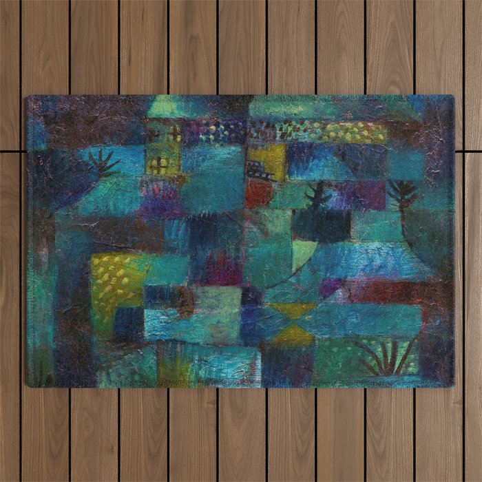 Terraced garden tropical floral Pacific blue abstract landscape painting by Paul Klee Outdoor Rug